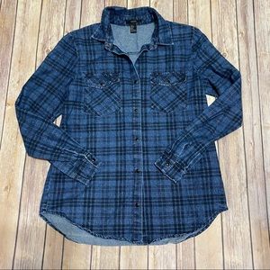 F21 Snap Button Down Jean Plaid Shirt Small